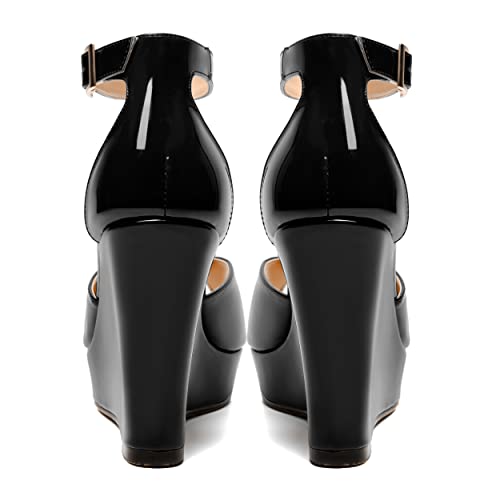 SKYSTERRY Womens Sexy Wedding Buckle Peep Toe Platform Patent Ankle Strap Wedge High Heel Pumps Shoes 4 Inch4