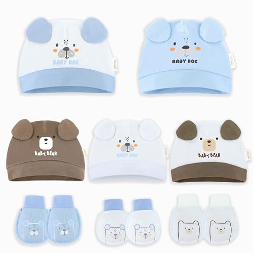 Image of DOKMA Organic Cotton Baby Mittens and Caps Set with Adorable Bear Design for Newborn 0-6 Months, No Scratch, Ultra Soft - 5 Caps x 3 Mittens, Cute Blue