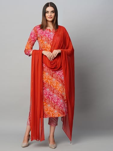 Image of GoSriKi Women's Cotton Blend Printed Straight Kurta with Pant & Dupatta