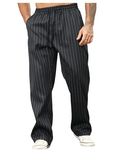 GORGLITTER Men's Baggy Striped Dress Pants Wide Leg Flared Drawstring Waist Trousers with Pockets