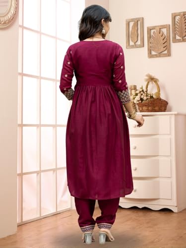 Image of Navlik Women's Vichitra Silk Embroidered A-Line Kurta with Pant & Dupatta 3-Piece Ethnic Set for Festive (NK4-442)