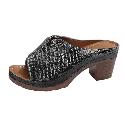 Elegante Sandalen Außenhandel Große Größe EIN Wort Dicke Unterseite Fischmaul Hausschuhe Weibliche Steinmuster Mit Strand Sandalen S𝗼mmer Boots Damen (Black, 40)