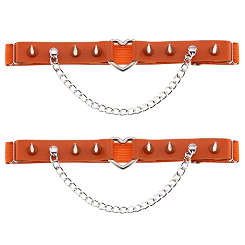 Women Girl Leather Heart Garters Leg Ring Belt Punk Studded Chain Elastic Thigh Ring Garters Adjustable Orange #TOP10