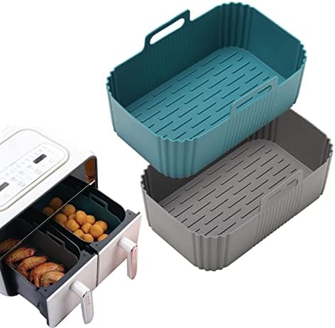 Silicone Air Fryer Liner 2 pack 7.5inch, Kinglv Reusable Air Fryer Pot for Foodi Accessories Dual, Silicone Air fryer Accessories for Home Kitchen (Rectangle-Blue & Gray)