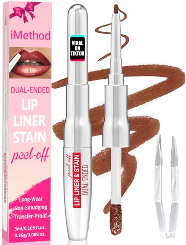 iMethod Lip Liner Stain - Lip Stain, 2-In-1 Dual-Ended Peel Off Lip Stain with Tweezer, Natural Long Lasting Peel Off Lip Liner, Easy to Use for All Skin Types, Stay All Day, Coffee
