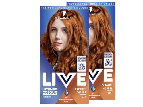 Schwarzkopf LIVE Intense Colour 077 Caramel Copper - Coloración permanente con suero intensificador de color, color permanente para una cobertura perfecta de las canas