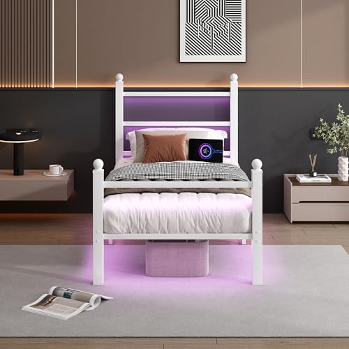 CLIBFENG Twin Bed Frame with Headboard and Footboard,Steel Slats Support-LED Bed Frame with USB Charging Station,Mattress Foundation-Under Bed Storage,No Box Spring Needed,Noise Free,White