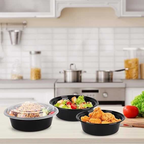 Image of [500 ml (16oz) 15 Count, Round, Black Reusable Plastic Food Storage Containers with Lid | Airtight, Microwave Safe Containers | Perfect for Meal Prep, Storage, Takeaway & Food Delivery