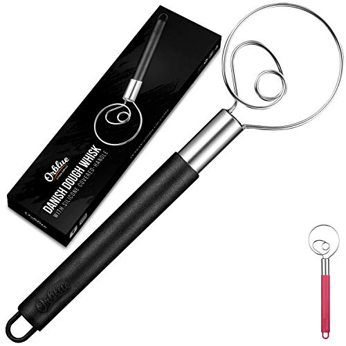 Orblue Danish Dough Whisk With Silicone Covered-Handle, Stainless Steel Mixer, Black #TOP13