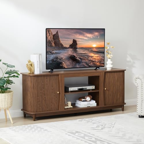 Image of TV Stand, Fluted Media Console Table with Storage and Sliding Door, Farmhouse Entertainment Center for Living Room, Home Office (Walnut-No Fireplace)