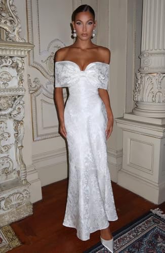 Women's Jacquard Satin Mermaid Maxi Dress Off Shoulder Bodycon Corset Formal Evening Party Dress with Bow4