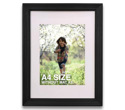 Image of A4 Size Wooden Photo Frame with Mat, Black Photo Frame for Wall Decoration, Home Decor for Wall Hanging, Best Wooden Photo Frame for Posters and Photos (A3 Size Matted to A4 Size)
