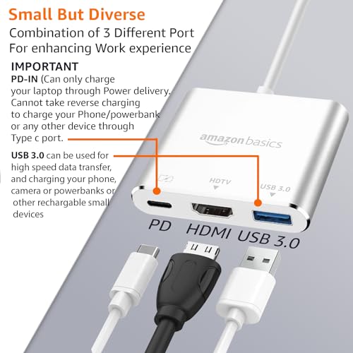 Image of Amazon Basics 3-in-1 USB Type C to HDMI Adapter 4K@30Hz, 100W PD Fast Charging Port, USB A 3.0 @5Gbps Speed, MultiPort HUB for MacBook Pro Air, Windows, Laptop, Tablet, Smartphone & All Type C Devices