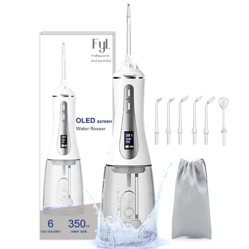 Water Flosser FYL 350ml Professional Dental Oral Irrigator OLED Display Cordless Teeth Cleaner with 5 Modes 6 Jets USB Rechargeable for Home Travel Braces and Bridges Care (White)