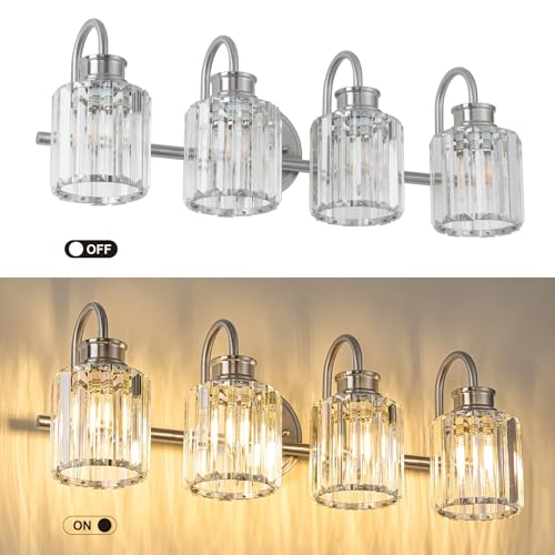 Image of Brushed Nickel Bathroom Light Fixtures with K9 Crystal Lampshade Bathroom Lighting Over Mirror Vanity Lights for Living Room,Bedroom,Restroom,Hallway 4 Lights