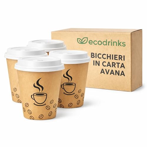 ecodrinks 200 Bicchieri di Carta con Coperchio da 180ml - Rivestimento Interno Impermeabile, Biodegradabile, Look Professionale - Per Bar, Ufficio, Eventi - Colore Avana e Grafica Caffè
