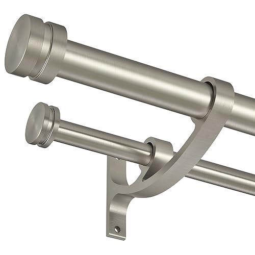 Double Drapery Curtain Rods, 72-144” Telescoping Curtain Rod with 1inch large rod and 5/8inch small rod, Modern Round Style Finials, Matte Nickel