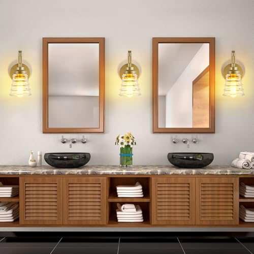Image of Gold Bathroom Wall Sconce, Brass Wall Light Fixture with Glass Shade