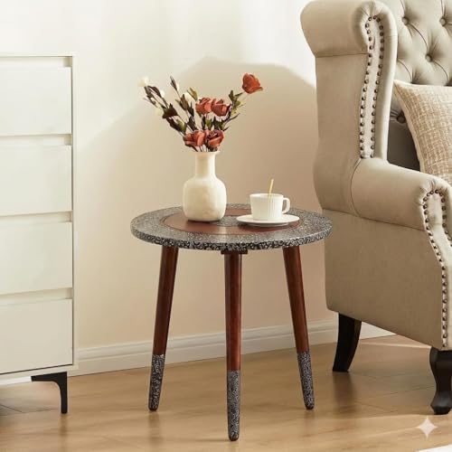 Image of Arvix Store Wooden Coffee Table with Engineered Wood Top- Solid Mango Wood Legs & Antique Aluminium Design- Perfect for Living Room & Home and Office Decor (Round)