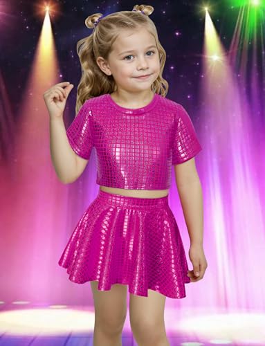 Image of Sequin Top for Girls with Shiny Skirt Disco 0utfit Metallic Dress Performance Kids 3-13T
