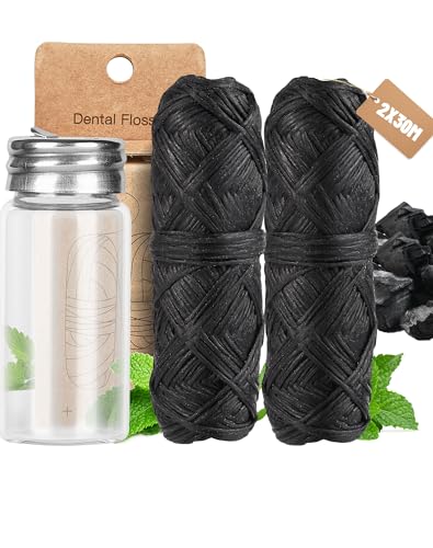 60m Hilo Dental natural de carbón de bambú Hilo Dental a Menta vegano y biodegradable sin plástico dental floss ecologico encerado con candelilla en bote de cristal + 2 bobinas 30 m