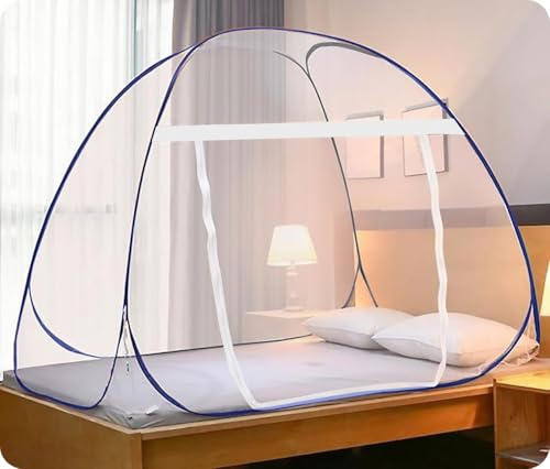 Image of Double Bed Mosquito Net /Machhardani 6.5 x 6.5 Feet with Foldable Steel Frame | Polyester Adults Mosquito Net for Family Sleeping | High Durability, Foldable, Tent Shape Mosquito Net (Blue)