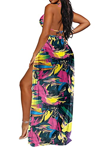 Pink Queen Women's 3 Piece Swimsuit Hawaiian Sheer Bikini Cover Up Dress M Multicolor #TOP2