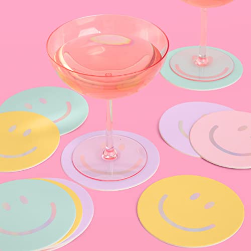 xo, Fetti Smile Pastel Party Drink Coasters - 16 pcs - Iridescent Foil | Happy Pastel Birthday Party Decorations, Cute Bachelorette Party, Cool Cocktail Disposable Coaster