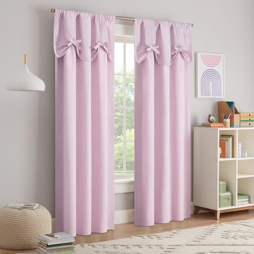 ECLIPSE KIDS Blackout Curtain Kids Curtain with Bow Tie Up Valance 84 in x 40 in Thermaback 100% Blackout Curtain with Rod Pocket Header Curtain for Kids Room or Playroom 1 Window Curtain Pink