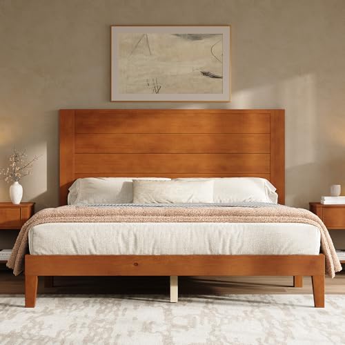 Image of AMERLIFE Full Size Bed Frame with 48 inch Tall Headboard, Mid Century Modern Solid Wood Platform Bed with Silent Wood Slat System, No Box Spring Needed, Under-Bed Storage, Brown