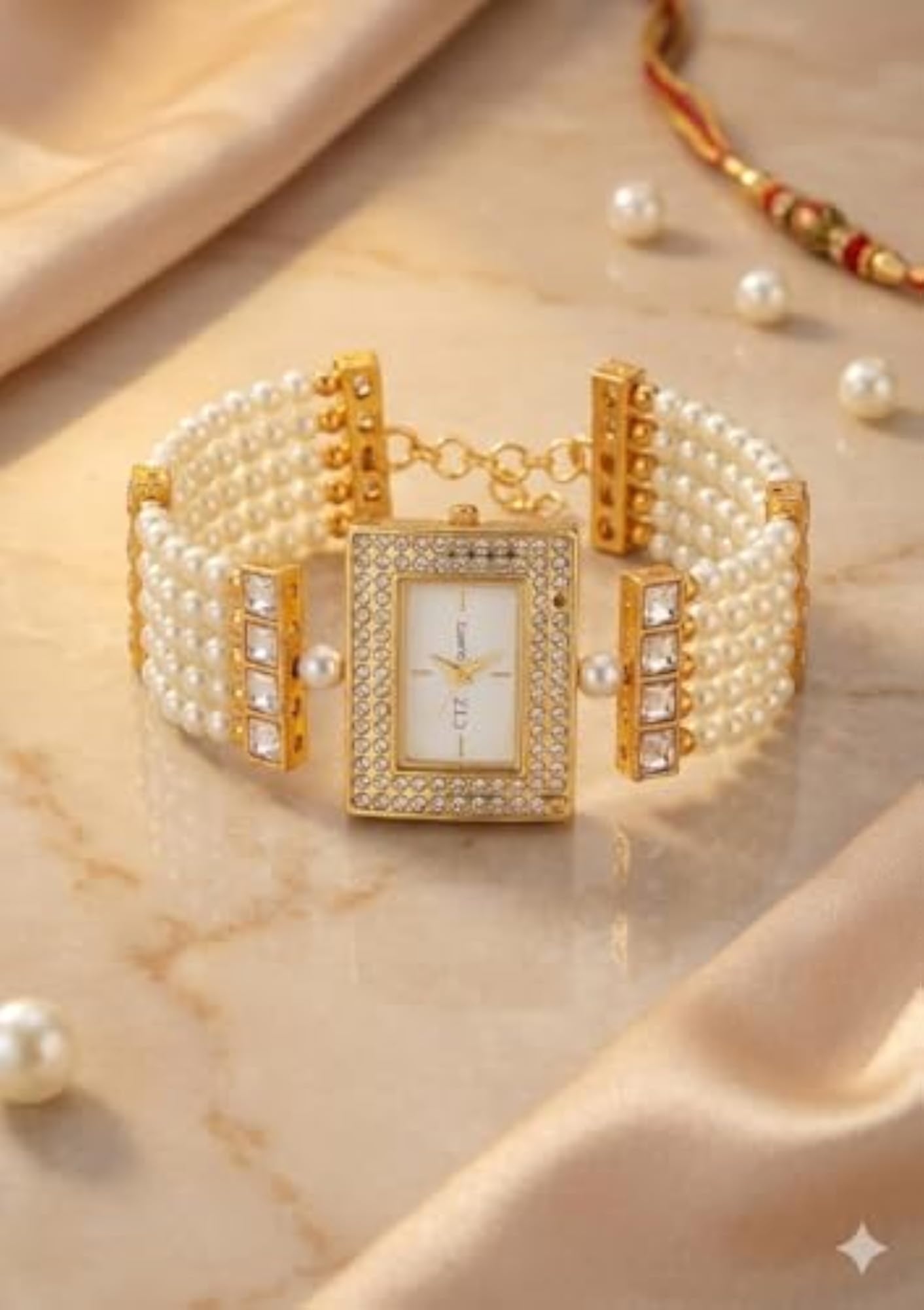 Women's Pearl Bracelet Watch with Crystal Studded Dial