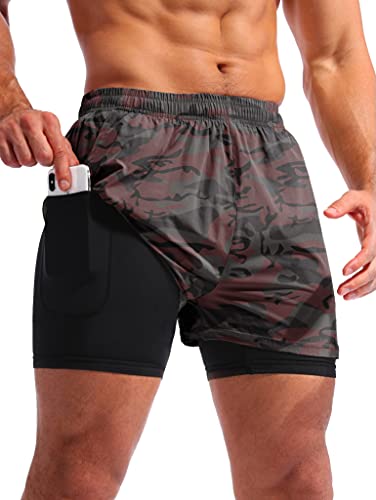 Image of Pudolla Men's 2 in 1 Running Shorts 5 inch Quick Dry Gym Athletic Workout Shorts for Men with Phone Pockets