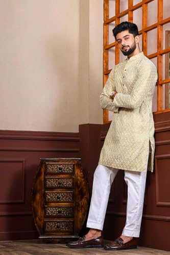 Image of LookMark Men's Printed Silk Blend Kurta with Mandarin Collar, Full Sleeves, Straight Fit Traditional Ethnic Wear