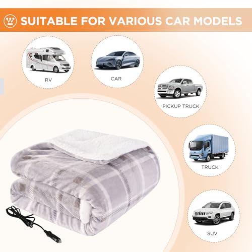 Image of Westinghouse Heated Car Blanket, 12-Volt Electric Blanket for Car, Truck, SUV, RV, Portable Heated Throw for Camping, Beige Buffalo Plaid, 59 inch x 43 inch
