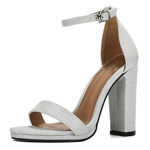 fereshte Women's Ankle Strap Chunky Block High Heel Sandals 11 Glitter Silver