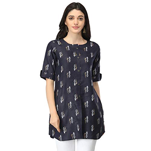 Image of OM SAI LATEST CREATION Slub Rayon Fully Stitched Anarkali Foil Print Kurti for Women & Girls on Jeans Palazzo or Skirt (Plus Size Upto 2XL) (Black)