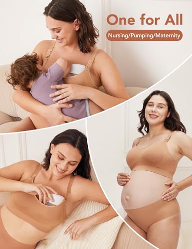 HOFISH Nursing Bra for Breastfeeding with Fixed Pad, TwinClips Wearable Pump Bra, Adjustable Comfort Maternity Bra for Pregnancy, Darkblue+Brown, M