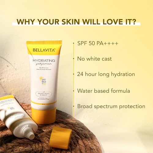 Image of BELLAVITA Water based Hydrating Sunscreen, SPF 50, Lightweight PA+++, For All Skin Types, No White Cast, Non - Greasy Finish, UV Protection, Broad Spectrum, For Men & Women, 50ML x 2