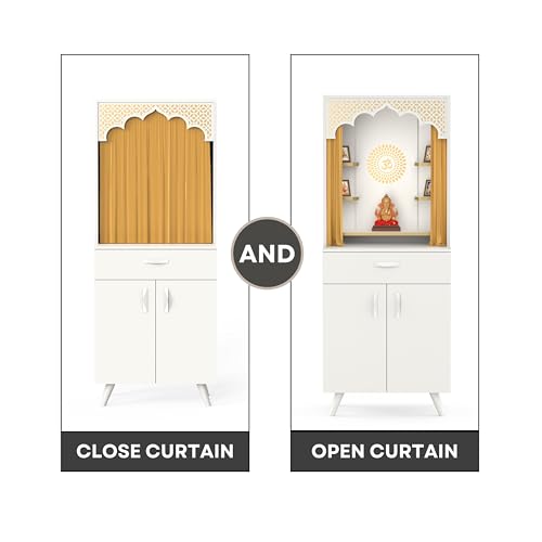 Image of BLUEWUD Sharnam Mandir, Big Size Temple for Home with Storage Cabinet, Pooja Stand, Doors, Drawer & Golden Curtain, Floor Standing Puja Room Altar for Living Room (DIY-White) (Sharnam Puja Mandir)