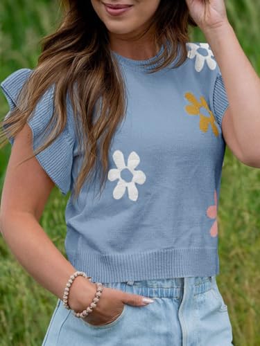 Saodimallsu Womens Summer Ruffle Short Sleeve Sweater Tops Cute Floral Knit Creweck Casual Lightweight Sweaters2