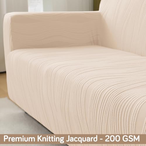 Image of HOKIPO 200 GSM Premium Knitting Jacquard Fully Covered Stretchable Sofa Cover for 2 Seater, 'Nestiva Series' Skimmed Cream (NEW-AR-5308-CRM)