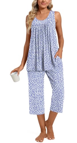 TAOHUADAO Womens Summer 2 Piece Pajama Sets, Sleeveless Tops with Capri Pants, Lounge Ladies Pjs Sets with Pockets