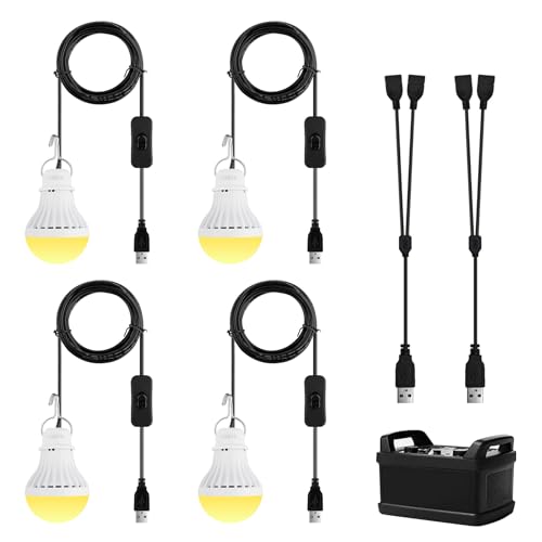 Onite USB LED Light Bulb, Emergency Backup Lighting for Camping, Garage, Power Outage Preparedness, for Portable Power Station & Solar Panel, Outdoor Lantern with Hook & 8.4ft Cord, Warm White (4)