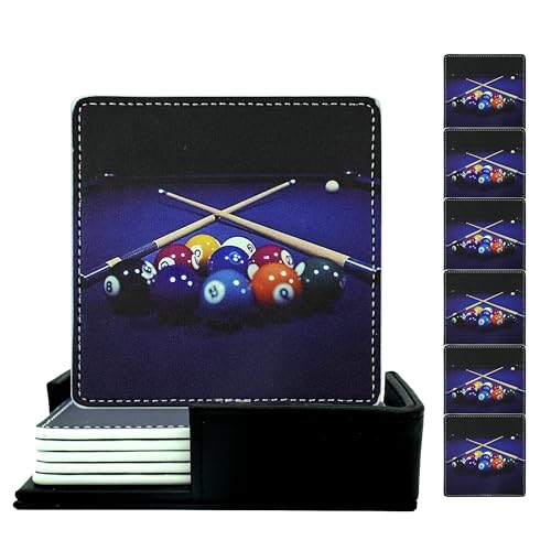Marble Coasters Square Leather Drinks Coaster Set with Holder for Coffee Table Bar Home Decor 4 Inches Set of 6 (Billiards, One Size)