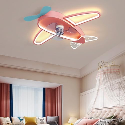 Ventilador de techo moderno LED con iluminación, control remoto regulable, ventilador silencioso, candelabros, ventilador temporizador, suspensión, avión, niños, niñas, guardería, habitación de bebé,