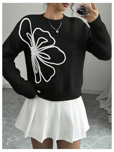 Image of RoseSeek Women's 3D Floral Appliques Crewneck Sweaters Long Sleeve Drop Shoulder Pullovers Elegant Knit Tops