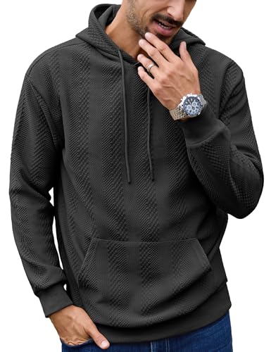 URRU Mens Hoodies Sweatshirts Texture Long Sleeve Drawstring Casual Pullover Hooded Shirt
