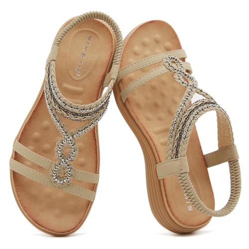 Image of Acfoda Womens Sandals Summer Flat Bohemian Sandals Ladies 02 Beige 5.5 UK