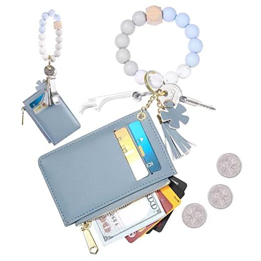 DOMUUH Wristlet Bracelet Keychain Wallet, Pocket Credit Card Holder Purse Tassel Key Chain Bangle Key Ring for Women (Blue)