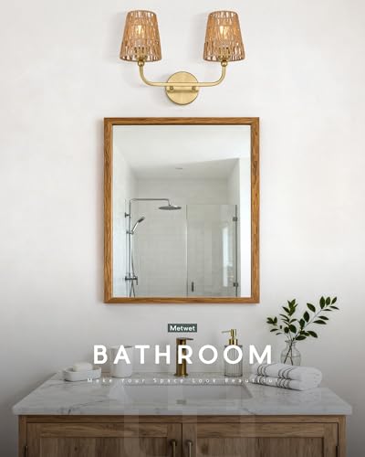 Image of 2-Light Bathroom Light Fixtures, Brushed Gold Rattan Vanity Lights, Double Wall Sconce with Flared Handwoven Shade, Boho Sconces Wall Lighting for Hallway Bedroom Stairway, VL837-BG-RA-2
